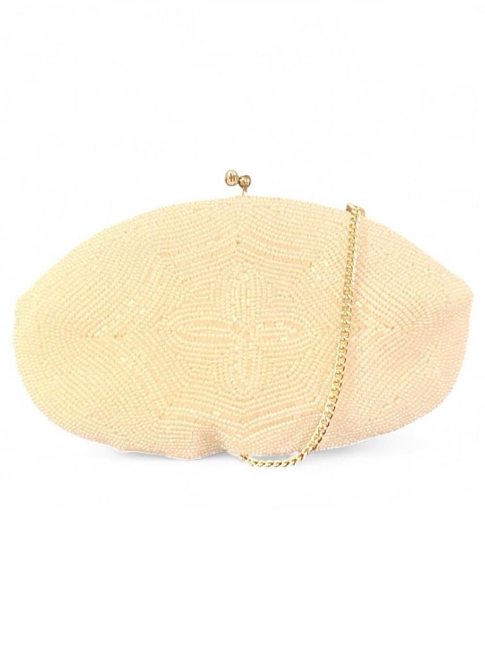 Vintage 70s 80s Pearl Bead Clutch Ivory Kiss Lock Gold Chain Evening Bridal Bag
